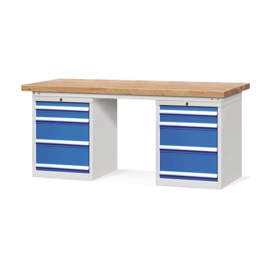 Oak-top workbench on two drawer cabinets
